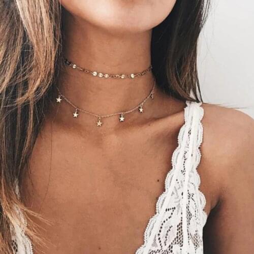 Sequins Star Choker Necklace For Women Chocker Necklaces Coin Chokers Double Layer collar collier femme Jewelry