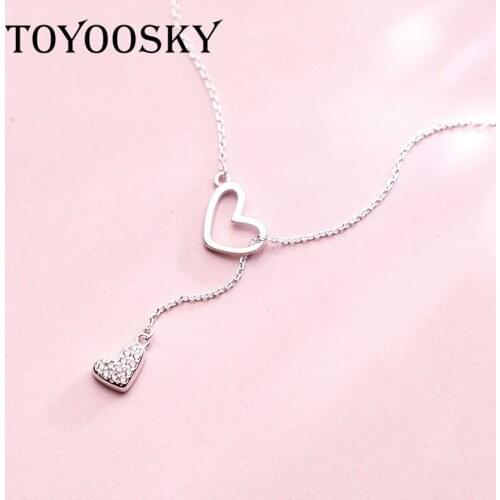 TOYOOSKY 925 Sterling Silver Full Crystal Heart Pendant Necklace Korean Version Sweet Temperament Hollow Love Necklace Chain