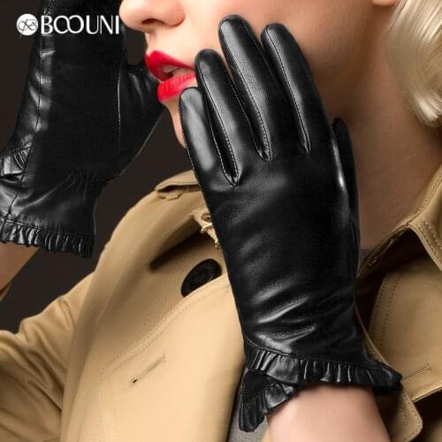 BOOUNI Genuine Leather Gloves Classic Black Women Sheepskin Glove Fashion Trend Thermal Velvet Winter Driving Gloves NW102