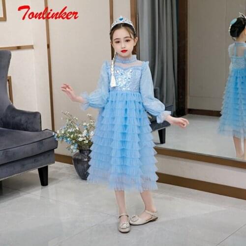 Halloween Girls Blue Long Cupcake Costume Princess Snow Queen Dressing Child Carnival Fancy Party Dress Kids Performance Dresses