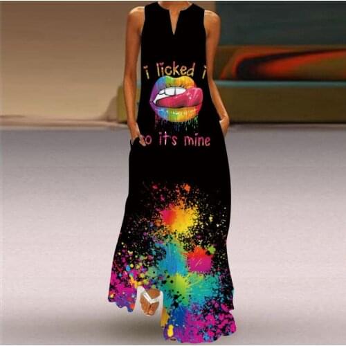 Vintage Print V-neck Sleeveless Summer Dress Elegant Women 2021 Dress Plus Size Casual Ladies Pocket Party Long Dresses Vestidos