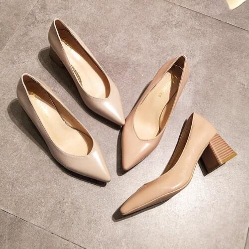 Chunky Block Heel Pumps Pointed Closed Toe Office Dress Lady Classic Med Heel Leather Shoes Ice Cream Color Heels