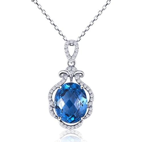 Vintage Aquamarine Gemstone Blue Crystal Pendant Necklaces For Women Diamonds 18k White Gold Tone Choker Argent Jewelry Bijoux
