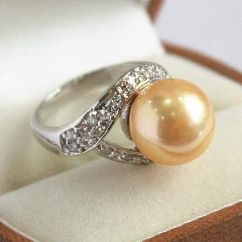 High quality ladys silver plated with crystal decorated &12mm yellow shell pearl ring(#7 8 9 10)