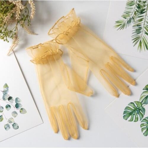 1 Pairs Women Gloves Lace Black Gloves Full Finger Gloves Fashion Short Tulle Gloves Elastic Etiquette Lotus Leaf Shears