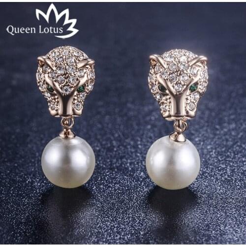 Queen Lotus New AAA Zircon Leopard Pearl Drop Earring For Women Animal Earring For Party