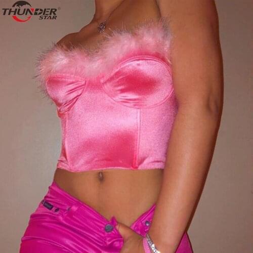 Fur Patchwork Sexy Crop Tube Top Women 2020 Sring Summer Fashion Streetwear Outfits Club Pink Tank Top