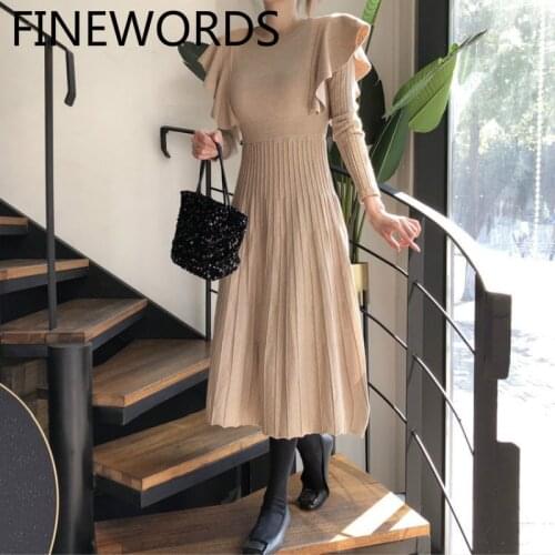 FINEWORDS Winter Knitted Korean Vintage Dress Women Beige Ruffles Sweater Dress Long Sleeve Casual Elegant Long Pleated Dresses