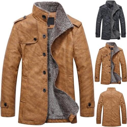 Winter Mens Slim Fit Warm Jacket Faux Leather Coat Stand-up Collar Thicken Mens Mid-length Large Size Casual Jacket Windbreake