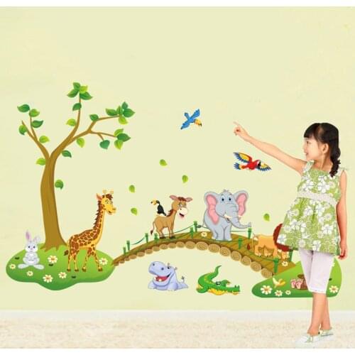 3D Cartoon Wall Stickers Jungle wild animal tree bridge lion Giraffe elephant birds flowers for kids room living room home decor