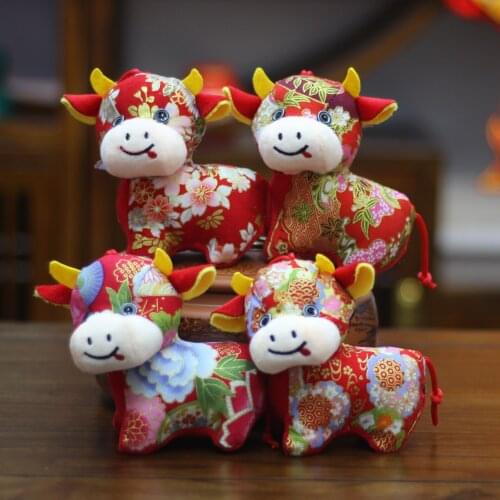 Four-Color Flower Cloth Cow Doll Head Tilt Cailco Calf Doll Chinese Zodiac Cow Plush Toy Gift Custom Logo