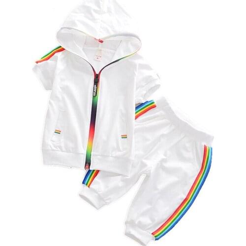 Kid Boy Girl Clothes Sportswear Summer Fashion Short Sleeve Colorful Zipper Hooded Clothing For Girls Children Outfit Set