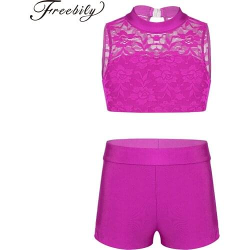 Kids Teens Sleeveless Floral Lace Crop Top with Bottoms Girls Ballet Sports Gymnastics Shorts Tops Set Stage Dance Wear