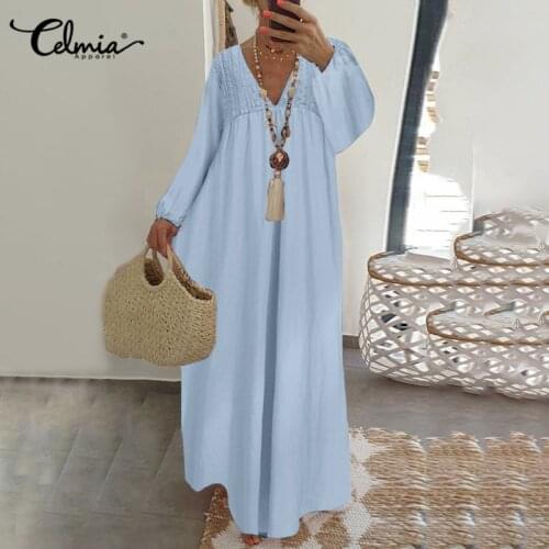Bohemian Women Long Dress Celmia Autumn Long Lantern Sleeve Casual Lace Stitching Maxi Sundress Sexy V neck Ruffles Beach Robe