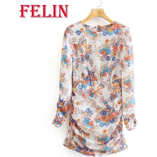FELIN Za Stylish Vintage Flower Print Dress Women Backless Sexy Summer Mini Dress Long Sleeve Drapped Eleagnt Dress Chic Vestido