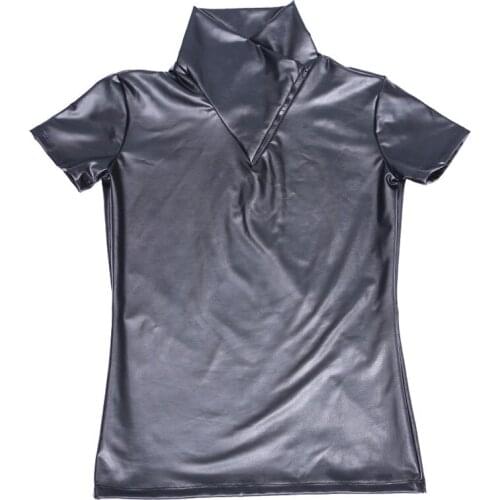 Shiny PU Faux Leather T Shirt For Men Zentai Tops Sexy Clubwear Turtleneck Short Sleeve High Elastic Shapewear Night Club Outfit