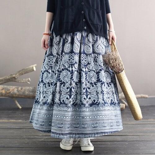 Johnature Women Vintage Blue And White A-Line Skirts Elastic Waist 2021 Summer Cotton Linen Original Female Clothes Loose Skirts