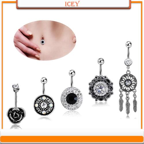 Five sets of navel ornaments with national wind pattern, round texture, navel ring, navel nail, piercing ornament