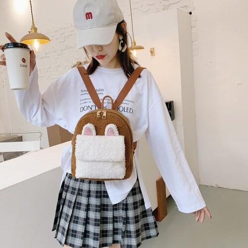 Korean Fluffy Bag 2021 Winter Kawaii Furry Mini Backpacks Plush Backpack Women Cute Ears Faux Fur Shoulders Bag For Girl Travel