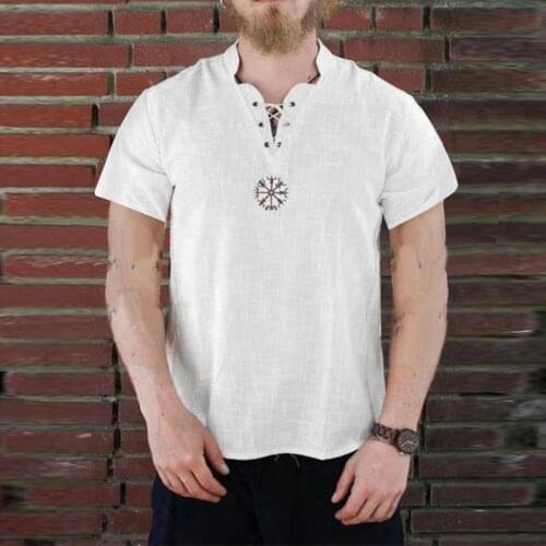 T-Shirts Men Casual Solid Color Bandage V Neck Short Sleeve Embroidery Cotton Linen Shirt