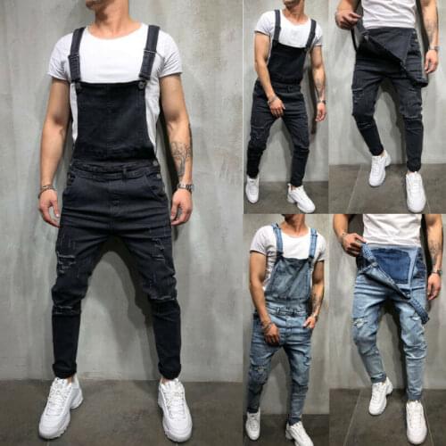 Mens Bib Jumpsuits Denim Jeans Overalls Carpenter Trousers Moto Pants Fashion