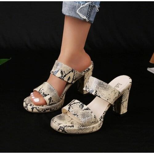 Snake Print Square Toe Summer Mules Slippers Women New PU Leather High Heels Gladiator Sandals Womens Slides Shoes New