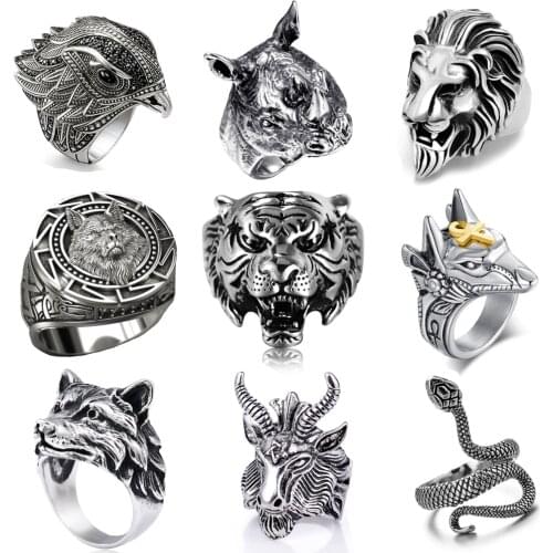 NEW Vintage Gothic Animal Ring Eagle Wolf Tiger Lion Snake Punk Style Mens Exaggerated Rock Demon Ring Fashion Jewelry Gift
