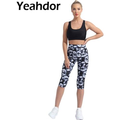 New Women Floral Print Sweat Suit Dance Yoga Outfit Sportwear Round Neck Sleeveless Racer Back Vest with Cropped Leggings Set