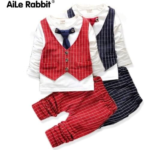 Autumn Long Sleeve Plaid Boy Set Fake 2 Vest Long-sleeved T-shirt Pants Set Of 2 Gentleman Bow Childrens Wear Set