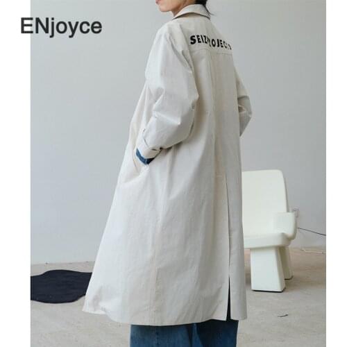 Vintage Letter Logo Printed Lapel Coats Women Overcoat Knee Windbreaker Spring Fall Korean Style Casual Loose Cargo Long Jacket