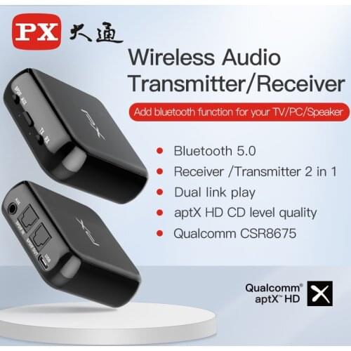 PX Bluetooth Audio Transmitter Receiver 2 in 1 Wireless 5.0 Adapter aptX HD for PS4 Switch TV Headphones Dual audio Streaming