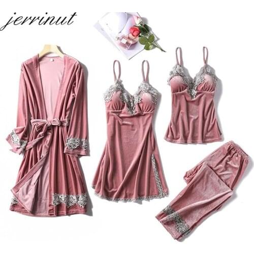 Jerrinut 4PCS Pajamas Sets For Women Gold Velvet Warm Winter Pyjama Femme V-Neck Sexy Sleepwear Lingerie Sleeveless Nightwear