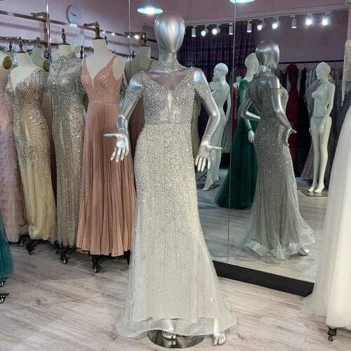 Luxury Silver Handmade Crystals Long Prom Dresses Mermaid Detachable Neckline Tulle Pearls Sequined Backless Sexy Party Gown