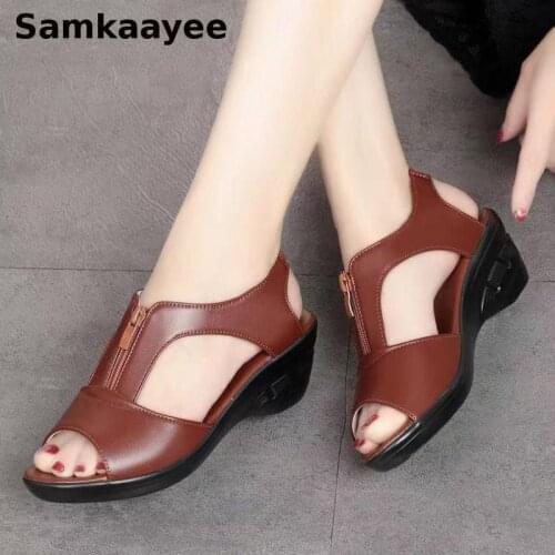 Size 36-41 Women Sandals Summer Female Platform Pumps Wedge Leather Shoes Mujer Zipper Peep Toe Solid Thick Bottom Sandalias Y26