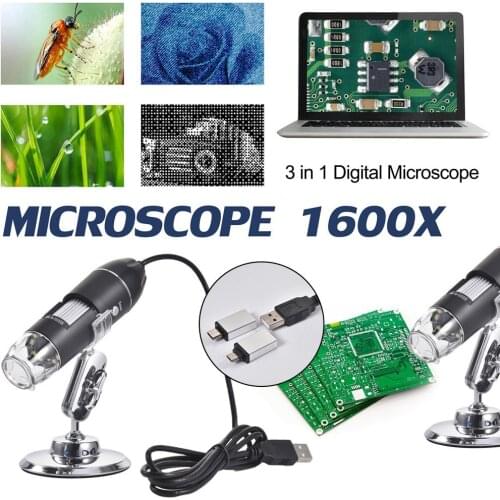 0-1600X USB Microscope 3 In 1 Digital Microscope Portable Two Adapters Support Windows Android Phones Magnifier