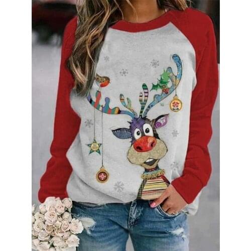 Spring Autumn Loose Women Bottoming Shirt Christmas Cat Elk Snowman Print Color Matching Long-sleeved T-shirt -40