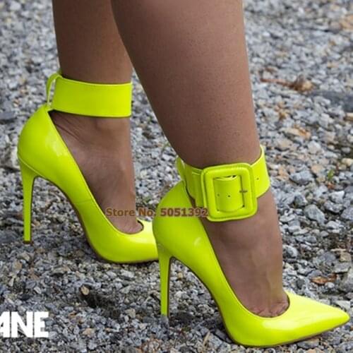 Women High Thin Heel Sandals Colorful Stiletto Ankle Wrap Pointed Toe Patent Leather Sexy Big Buckle Fashion Pumps Plus Size