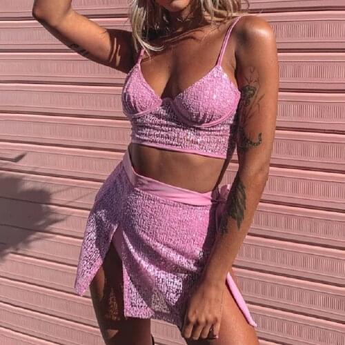 Pink See Through Two Piece Set Women Spaghetti Strap Backless Bra Crop Top Bandage Side Slit Hot Skirt Night Club 2 Pcs Outfit