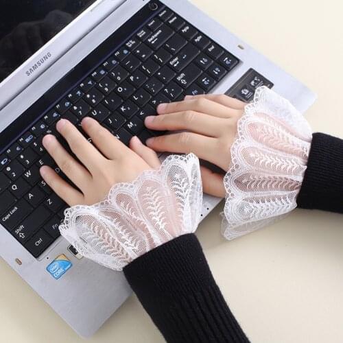 Women Chiffon Lace Floral False Horn Cuffs White Black Ruffles Pleated Solid Color Button Detachable Fake Sleeve Wrist Warmer