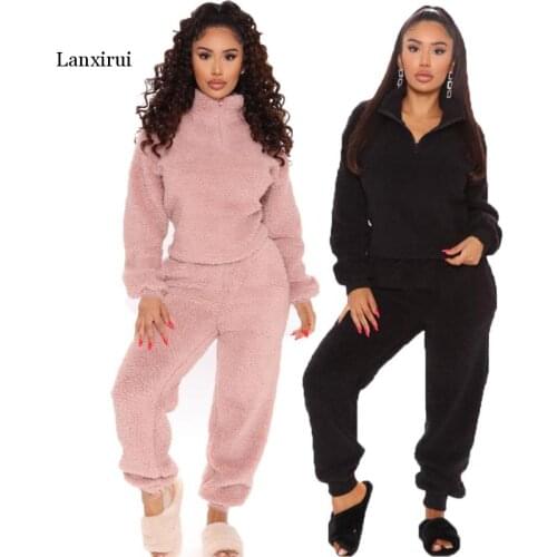 Lamb Wool Tracksuit Women Two Piece Set Winter Warm Clothing Pullover Sweatshirt Top and Pants Sweat Suits Womens Sets Outfits