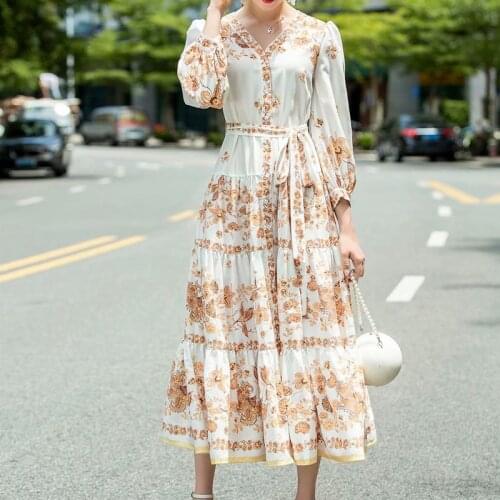 STREET Newest HIGH Fashion 2021 Designer Runway Dress Womens V-Neck Lantern Sleeve Sashes Floral Print shirt dress