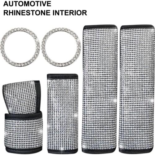 6pcs Shiny Car Interior Decoration for Women Bling Rhinestone Kit Seat Belt Cover Handbrake Gear Shift Cover Auto Accessories