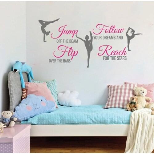 Large Gymnastics Dancer Jump Follow Dream Quote Wall Sticker Classroom Girl Room Gymnastics Inspirational Quote Wall Decal Vinyl