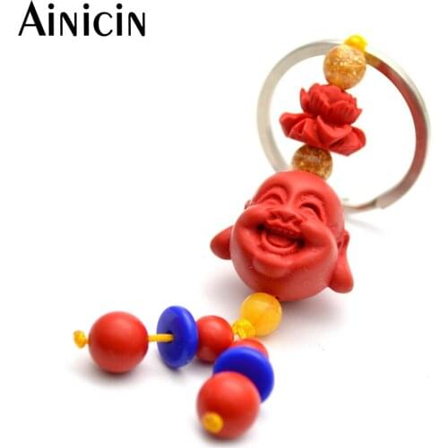 1pc Red Cinnabar Laughing Buddha Head Carved Keychians Fashion Man and Women Key Holder Gift Jewelry