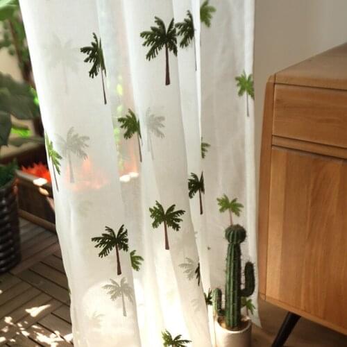 Customzied European Coconut Palm Tree Solid Tulle for Balcony Embroidery Green Tree Voile Curtain for Bedroom Free Shipping 1PC