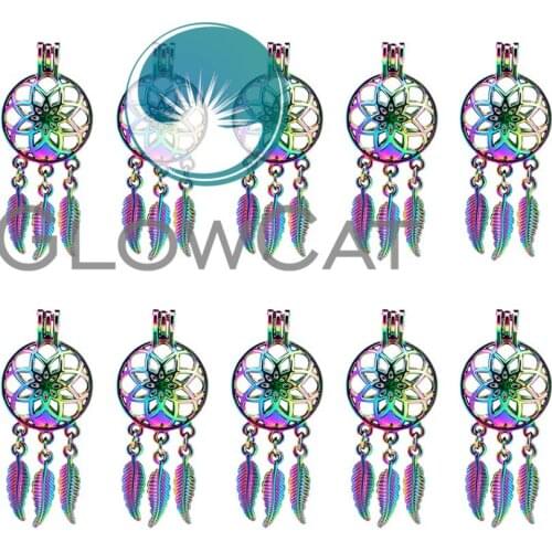 GLOWCAT 10x C678 Rainbow Dream Catcher Lotus Beads Cage Jewelry Making Essential Oil Diffuser Pearl Cage Locket Pendant