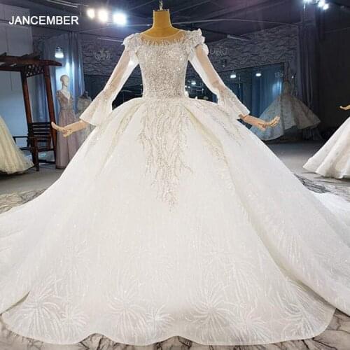 HTL2062 Luxurious Long Sleeve Boat Neck Crystal Beading Sequined Wedding Dress 2021 For Woman Ball Gowns