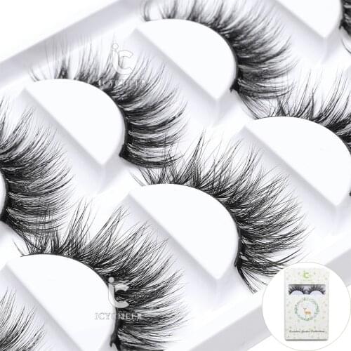 ICYCHEER 5 Pairs 3D Real Mink 5 Pairs False Eyelashes Reusable Soft Long Natural Look Black Fake EyeLashes Winged Messy