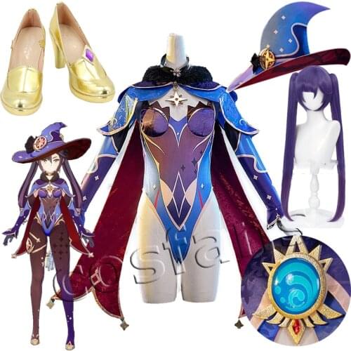 Game Genshin Impact Cosplay Mona Costume Genshin Impact Mona Cute Sexy Cosplay Mona Megistus Cosplay Hairs Purple Twin Tail Wig