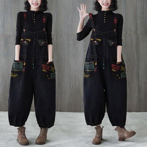 Women Spring Autumn Denim Jumpsuit Black Overall Multi-Pocket Vintage Print Elastic Waist Dungarees Female Loose Hip Hop Rompers